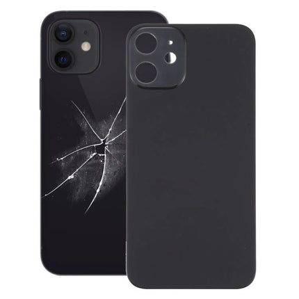 Replacement Back Cover for iPhone 12 Mini Daily Use Repair - matte black replacement back cover next to cracked iPhone 12 Mini rear glass