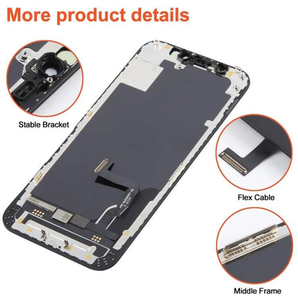 RJ Incell Replacement Screen for iPhone 12 Mini Repairs showing full LCD assembly, flex cable, stable bracket and middle frame