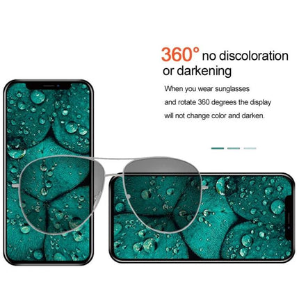 RJ Incell Replacement Screen for iPhone 12 Mini Repairs showing display clarity with no discoloration when viewed through sunglasses at 360°