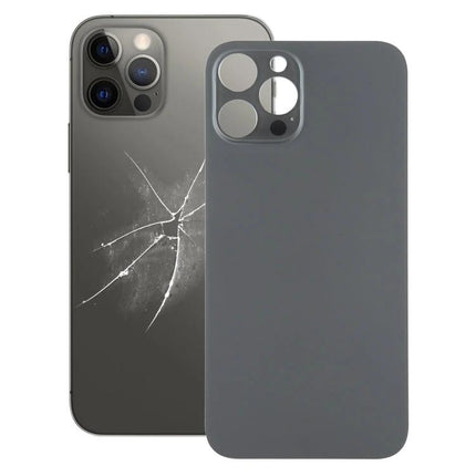 Back Cover Replacement for iPhone 12 Pro Max Daily Protection - gray replacement back panel shown next to cracked phone