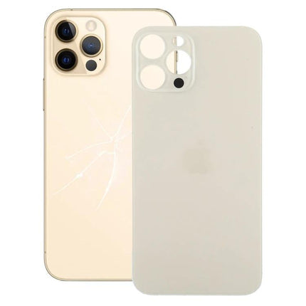 Back Cover Replacement for iPhone 12 Pro Max Daily Protection - clear replacement back panel shown next to cracked gold iPhone
