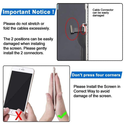 JK Incell Screen for iPhone 12 Pro Max Daily Essentials - installation notice showing cable connector caution and correct way to hold screen