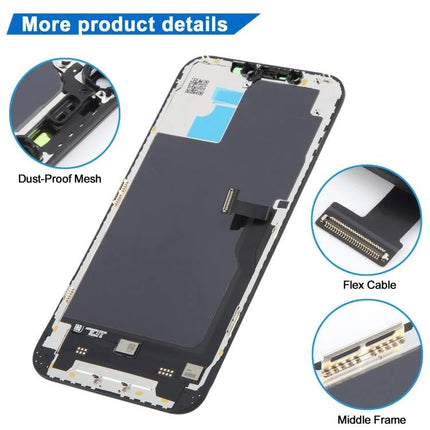 JK Incell Screen for iPhone 12 Pro Max Daily Essentials replacement INCELL FHD LCD display showing flex cable, dust-proof mesh and middle frame