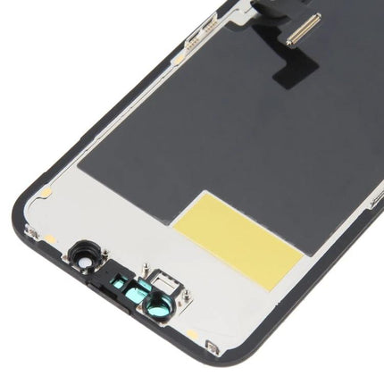 Replacement Screen by ZY incell for Daily iPhone 13 Mini Use - close-up of replacement display assembly showing connectors and front camera area