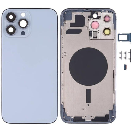 Back Cover Replacement Keeps iPhone Ready for Daily Use - light blue iPhone 13 Pro Max rear housing with camera lens cutouts and internal components