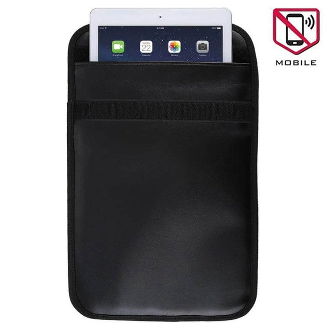 Anti-Radiation Signal Blocking Case for Cell Phones, 28cm x 22.7cm black pouch holding a tablet to block signals and protect cards