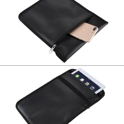 Anti-Radiation Signal Blocking Case for Cell Phones, 28cm x 22.7cm - black zip pouch holding phone and tablet, blocks signals and protects cards