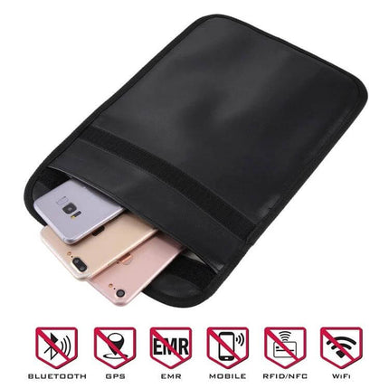 Anti-Radiation Signal Blocking Case for Cell Phones, 28cm x 22.7cm black signal-blocking pouch shown with phones and icons indicating blocks for GPS, WiFi, RFID and mobile