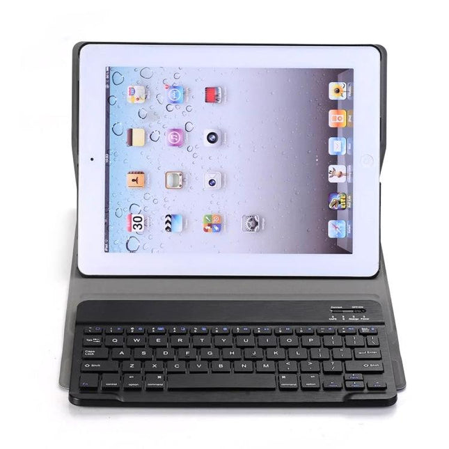 Universal Flip Case with Bluetooth Keyboard for iPad 4, 3, and 2 showing tablet in stand with wireless keyboard and protective folio