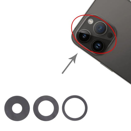 Daily Essential Replacement Back Camera Lens for iPhone 14 Pro - replacement lens rings shown beside iPhone 14 Pro camera assembly