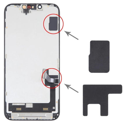 Graphite Sticker for iPhone 14 Daily Phone Maintenance shown as replacement heat sink pieces placed on iPhone 14 internal display to reduce overheating