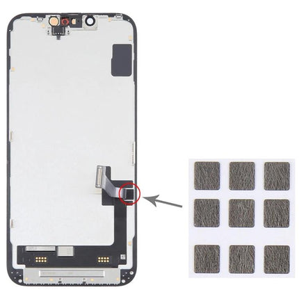 Essential Screen Welding Stickers for iPhone 14 Daily Repairs shown on iPhone 14 LCD assembly with adhesive sticker set for screen replacement