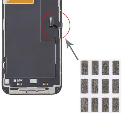 Adhesive Stickers for iPhone Screen Repairs in Daily Use showing LCD flex cable adhesive patch placement on iPhone 14 Pro/Pro Max screen