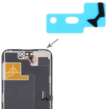Replacement Adhesive Stickers for iPhone 14 Sensor Repairs - blue adhesive shown with arrow to sensor location on iPhone 14 Pro display assembly