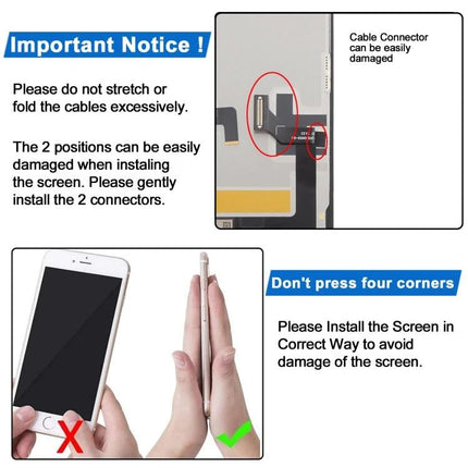 JK Soft Replacement Screen for iPhone 14 Daily Essentials warning image showing cable connector area and installation tips
