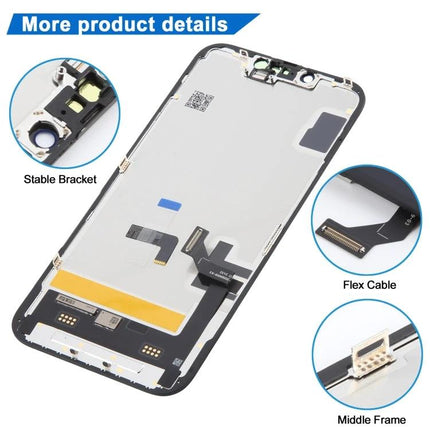 JK Soft Replacement Screen for iPhone 14 Daily Essentials - replacement display assembly showing flex cable, stable bracket and middle frame