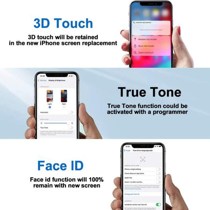 JK Soft Replacement Screen for iPhone 14 Daily Essentials - image showing 3D Touch, True Tone, and Face ID retained with replacement screen