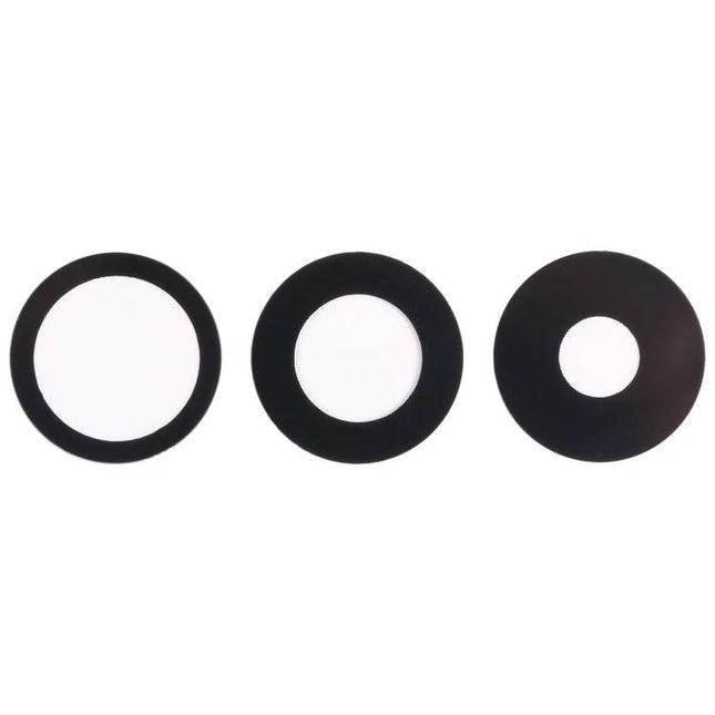 Replacement Back Camera Lens for iPhone 15 Pro Daily Use - three black circular replacement camera lens covers on white background