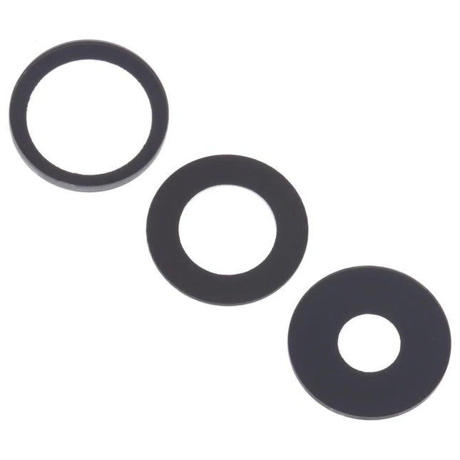 Alt Tag: Replacement Back Camera Lens for iPhone 15 Pro Daily Use - three black circular replacement camera lens rings on white background