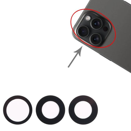 Replacement Lens for iPhone 15 Pro Max Daily Use - back camera lens replacement kit showing three round glass rings and installed on phone