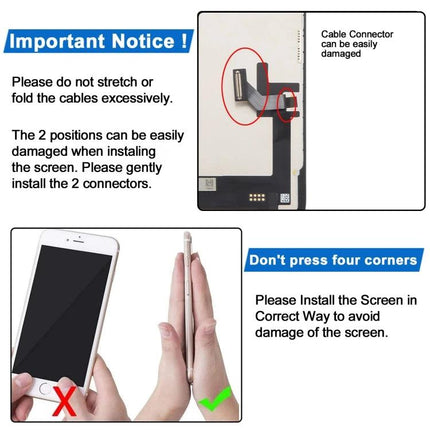 JK Replacement LCD Screen for Daily iPhone 15 Use showing connector warning and installation tips to avoid bending cables or pressing corners