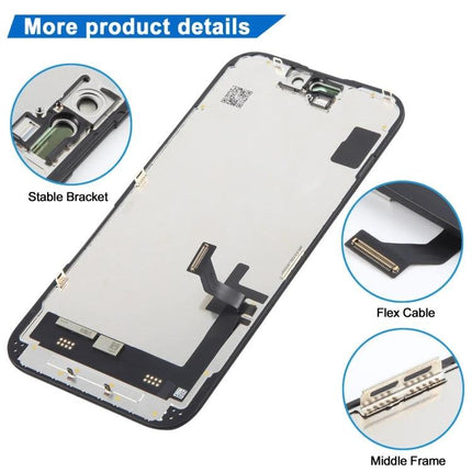 JK Replacement LCD Screen for Daily iPhone 15 Use - replacement LCD assembly with flex cable, middle frame and stable bracket for cracked screen repair