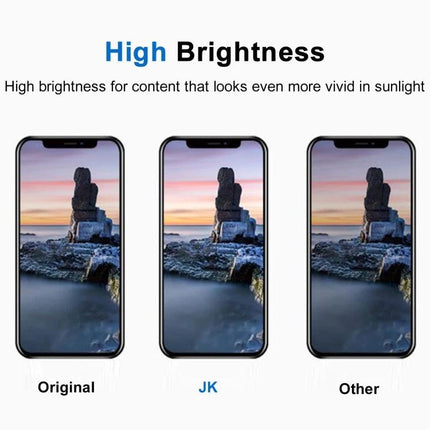 JK Replacement LCD Screen for Daily iPhone 15 Use showing high brightness comparison with original and other screens