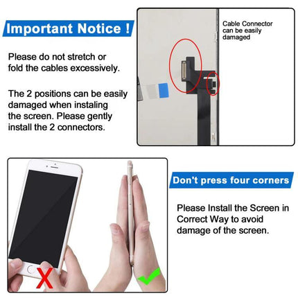 JK Screen Replacement for Everyday iPhone 15 Plus Use - installation warning showing cable connector and correct handling to avoid damage