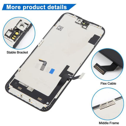 JK Screen Replacement for Everyday iPhone 15 Plus Use – replacement display assembly showing flex cable, stable bracket, and middle frame