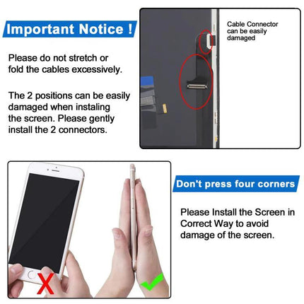 JK Incell LCD Screen for Everyday iPhone 15 Repairs showing connector caution and proper screen installation handling