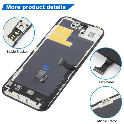 JK Incell LCD Screen for Everyday iPhone 15 Repairs showing replacement display assembly with flex cable, stable bracket and middle frame