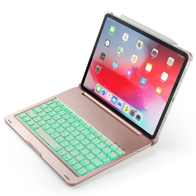 Ergonomic Wireless Bluetooth Keyboard Case with Backlight for iPad Pro 11 Inch rose gold protective case with backlit green keys and tablet in typing angle