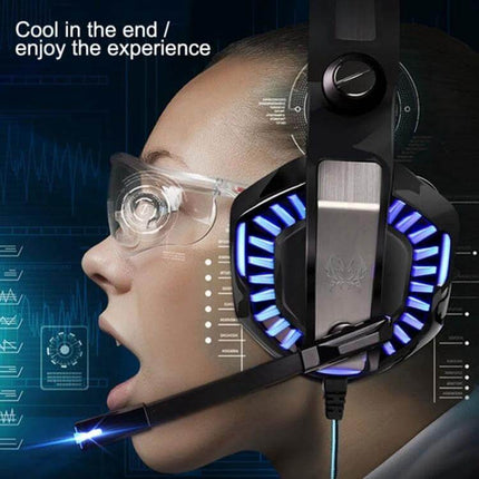 Over Ear Gaming Headphones for Calls and Everyday Use with 50mm drivers blue LED mic and leather earmuffs