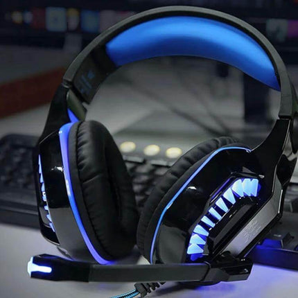 Over Ear Gaming Headphones for Calls and Everyday Use with 50mm drivers, noise isolation, soft leather earmuffs, blue LED