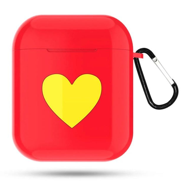 Heart Pattern Case for AirPods During Daily Outings - red TPU case with yellow heart and carabiner, protects against scratches and dust