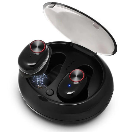 Wireless Noise Cancelling Earbuds With Charging Case compact black true wireless earbuds in open charging case, DSP noise cancelling
