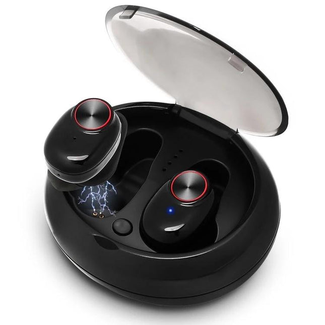 Wireless Noise Cancelling Earbuds With Charging Case compact black true wireless earbuds in open charging case, DSP noise cancelling