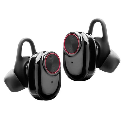 Wireless Noise Cancelling Earbuds With Charging Case shown as compact black true wireless earbuds with red trim and ear hooks