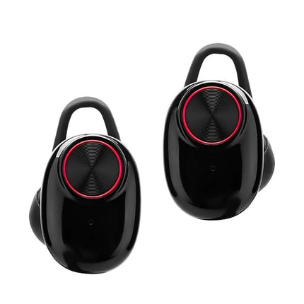 Wireless Noise Cancelling Earbuds With Charging Case black compact true wireless earbuds with red accents for active use