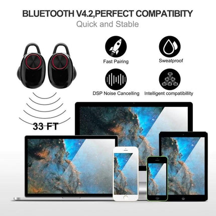 Wireless Noise Cancelling Earbuds With Charging Case showing compact earbuds, DSP noise cancelling, 33ft range, sweatproof design
