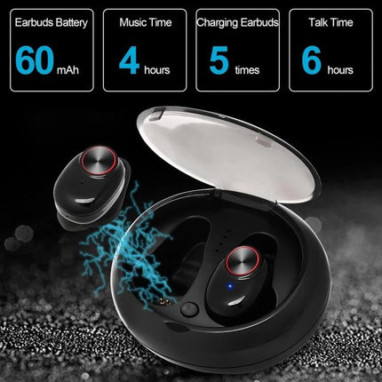 Wireless Noise Cancelling Earbuds With Charging Case shown with compact charging case, earbuds, battery and playtime icons