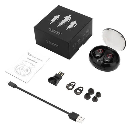 Wireless Noise Cancelling Earbuds With Charging Case showing earbuds, compact charging case, USB cable, ear tips, and box