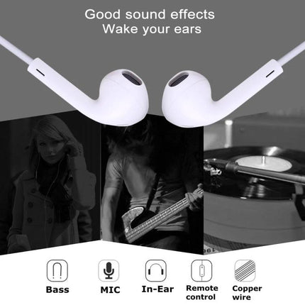 Wireless Stereo Earphones With Mic For Commuting And Gym white earbuds showing mic remote bass in-ear design for travel