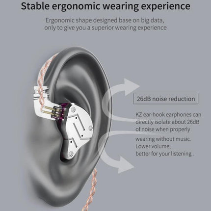 KZ ZSN Wired In Ear Earphones For Commuting And Workouts ergonomic ear-hook fit showing 26dB passive noise reduction