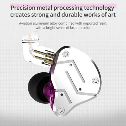 KZ ZSN Wired In Ear Earphones For Commuting And Workouts showing silver hybrid driver shell and purple inner housing