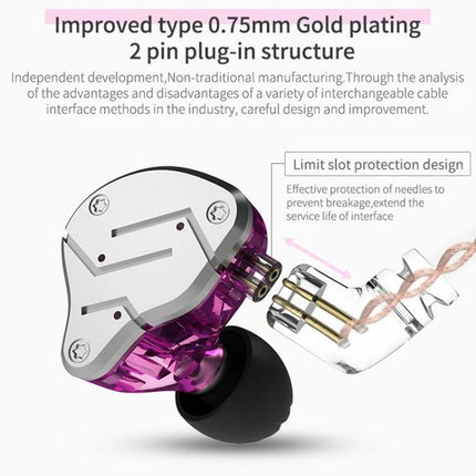 KZ ZSN Wired In Ear Earphones For Commuting And Workouts showcasing 0.75mm gold 2-pin plug, purple shell, braided cable