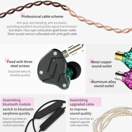 KZ ZSN Wired In Ear Earphones For Commuting And Workouts showing hybrid drivers cable and metal sound outlets
