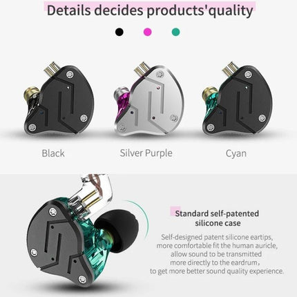 KZ ZSN Wired In Ear Earphones For Commuting And Workouts showing black silver purple and cyan hybrid driver earbud designs
