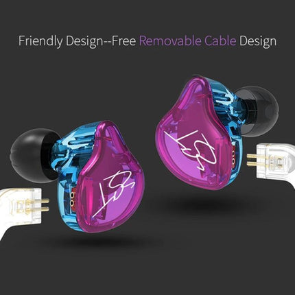 KZ Earphones With Secure Fit For Commuting And Jogging purple blue hybrid in-ear earphones with removable cable and silicone eartips