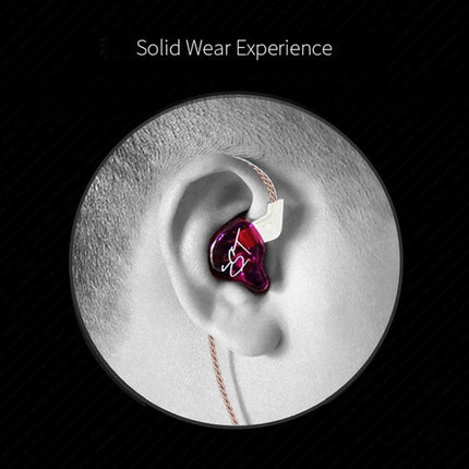 KZ Earphones With Secure Fit For Commuting And Jogging showing purple in-ear hybrid driver earbud with snug silicone tip